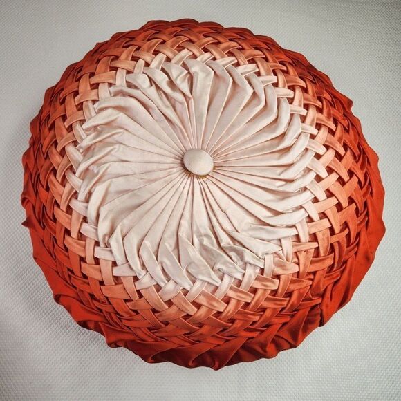 Vintage Mid Century Large Round throw Pillow Pleated Satin Red Pink Ombre - Picture 1 of 4